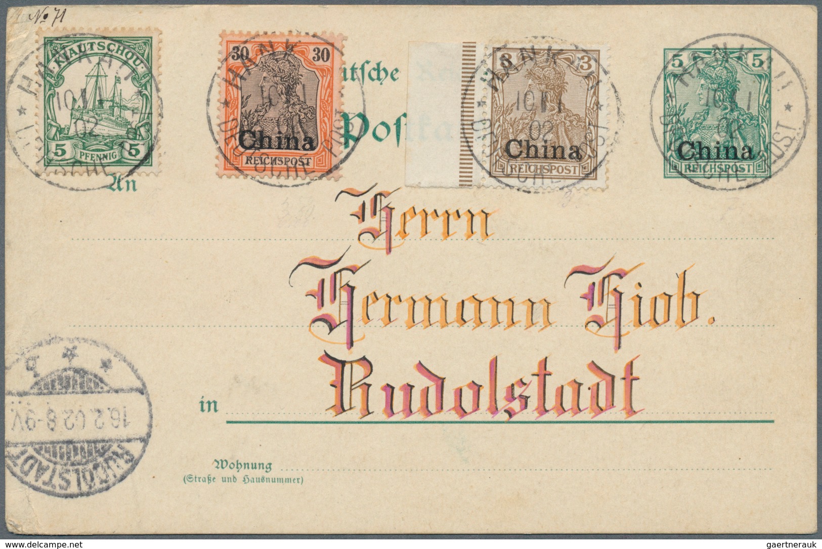 31833 Deutsche Post In China: 1902, 3 Echt Gelaufene Postkarten, Einmal Ganzsache "Kiautschou P1" An Herrn - China (kantoren)