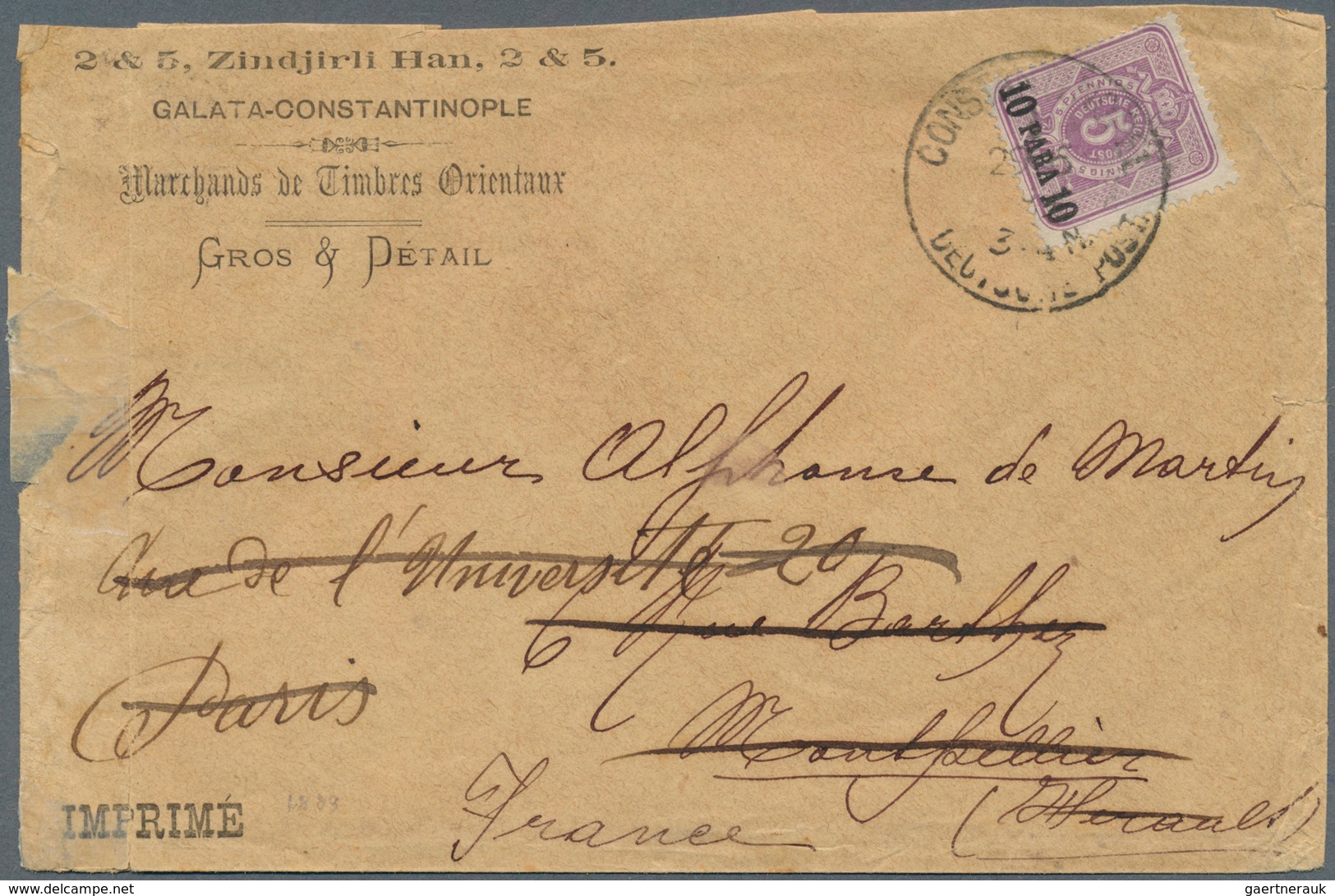 31843 Deutsche Post In Der Türkei: 1884, Lot Mit 3 Briefen, Dabei Nr. 1 B Auf Drucksachenbrief Mit Deutlic - Turkse Rijk (kantoren)