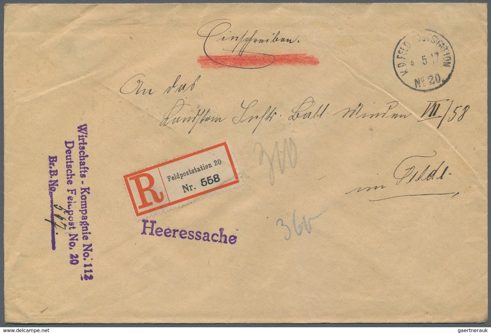 31887 Feldpost 1. Weltkrieg: 1914/1918, 83 Belege Per Feldpost, Meist Heeressachen. Davon 26 Einschreiben. - Sonstige & Ohne Zuordnung