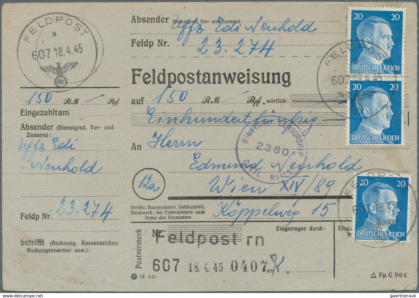 32035 Feldpost 2. Weltkrieg: 1937/1945, vielseitige kleine Feldpostsammlung von über 90 Belegen mit intere