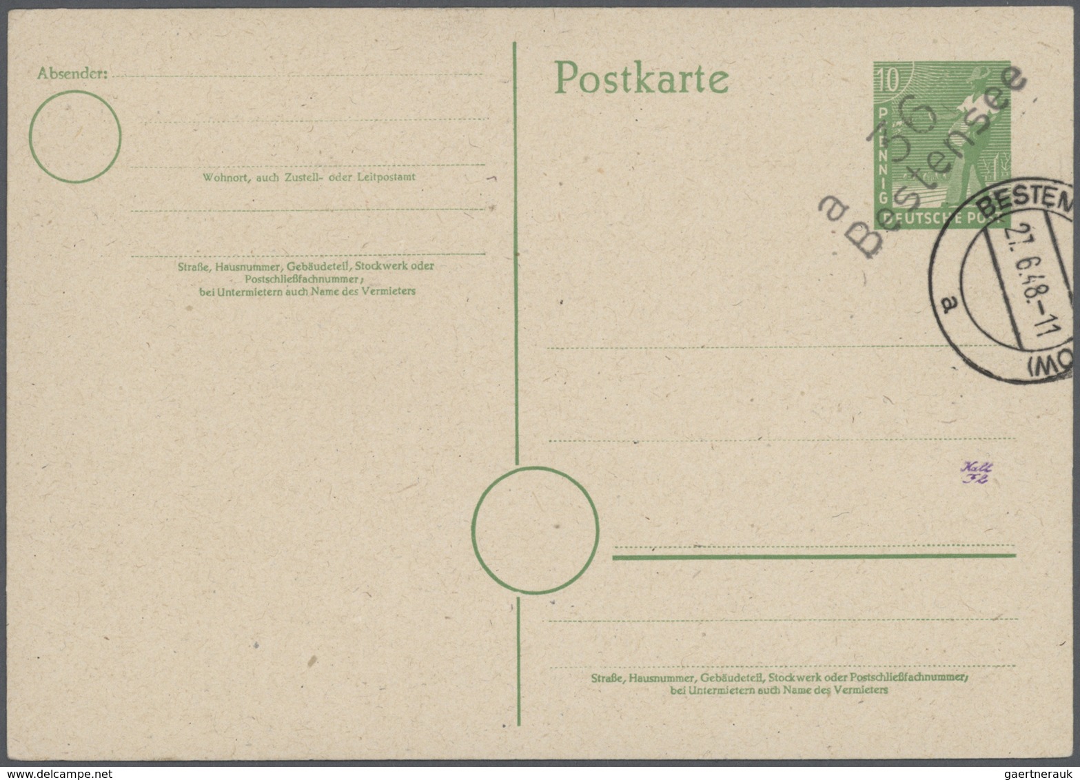 32278 Sowjetische Zone - Ganzsachen: 1948, Partie Mit 9 Ganzsachenkarten 10 Pfg. Bzw. 12 Pfg. Arbeiter Mit - Autres & Non Classés