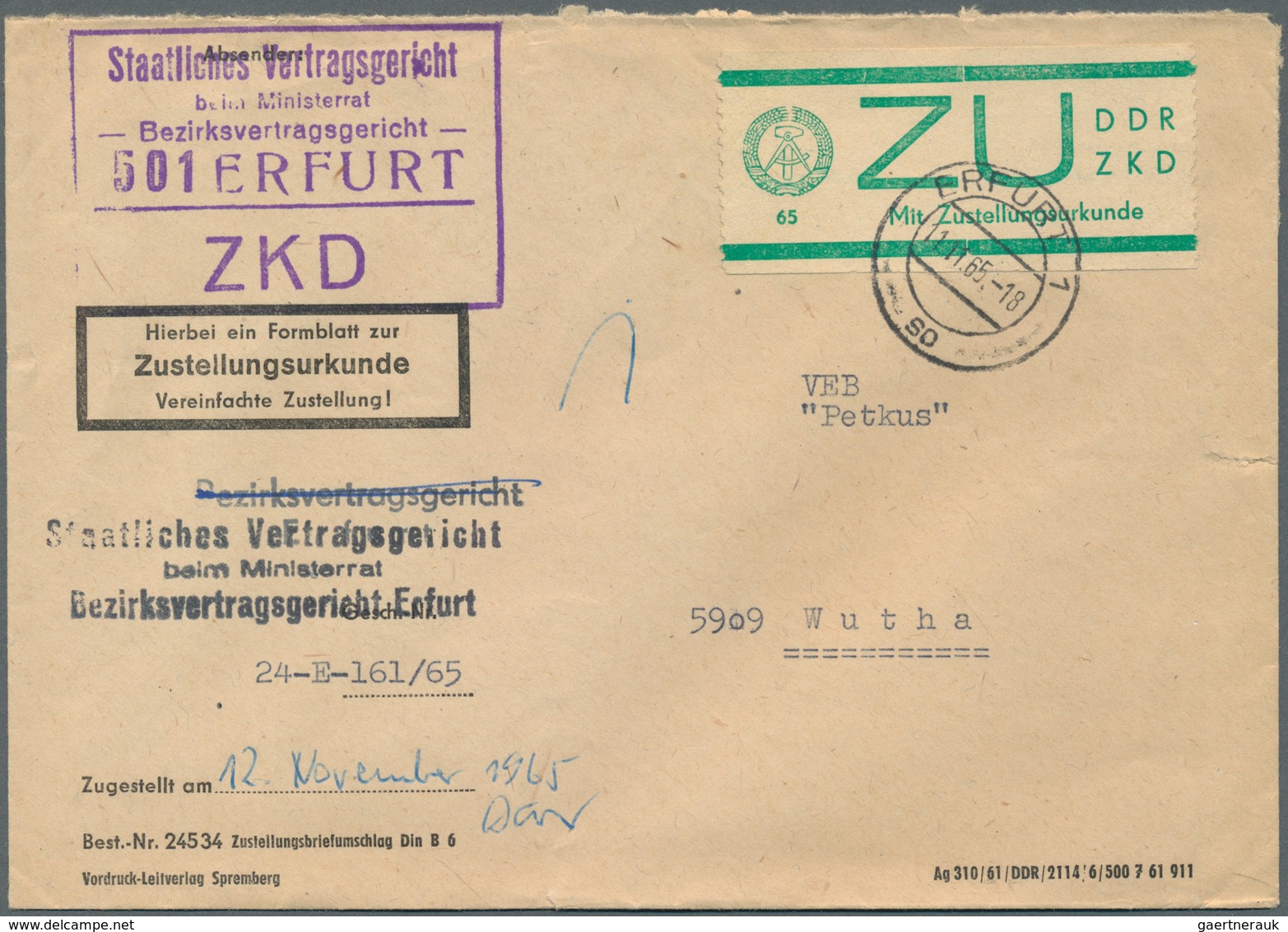 32397 DDR - Dienstmarken E (Sendungen Mit Zustellungsurkunde): 1965, Lot Von Acht Dienstbriefen: Drei Brie - Andere & Zonder Classificatie