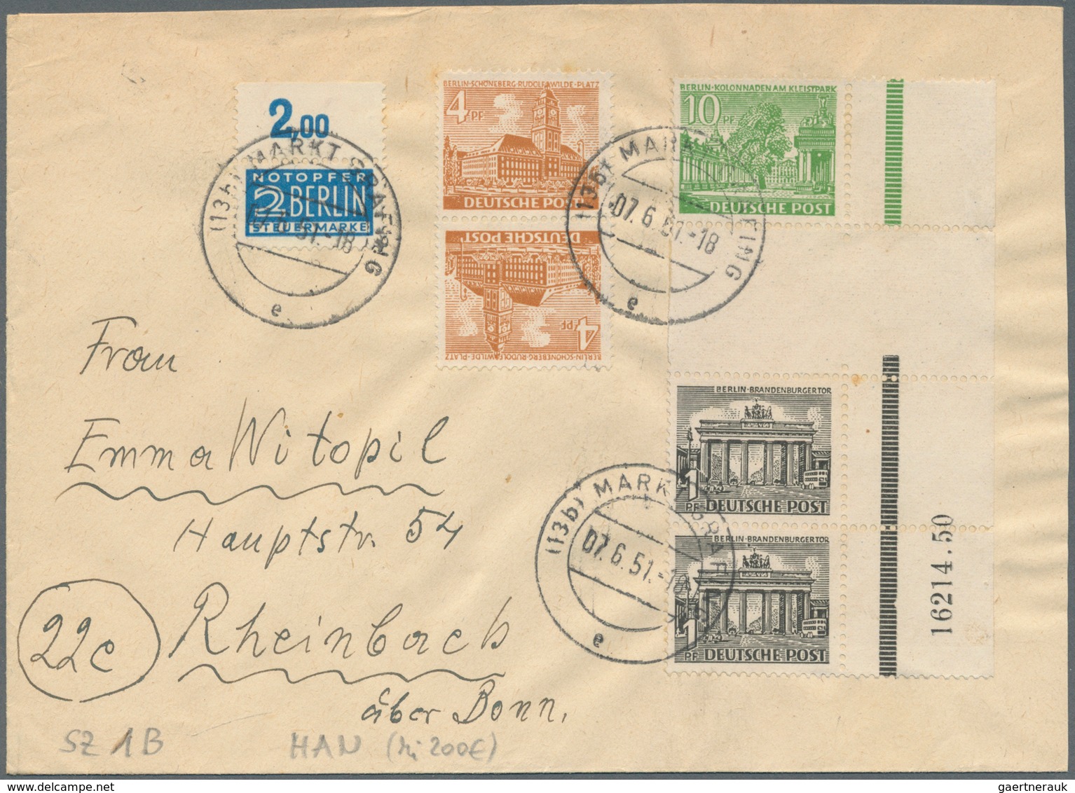 32538 Berlin - Zusammendrucke: 1949/55, Album mit 49 Belegen mit Zusammendrucken Bauten. Dekorative Belege