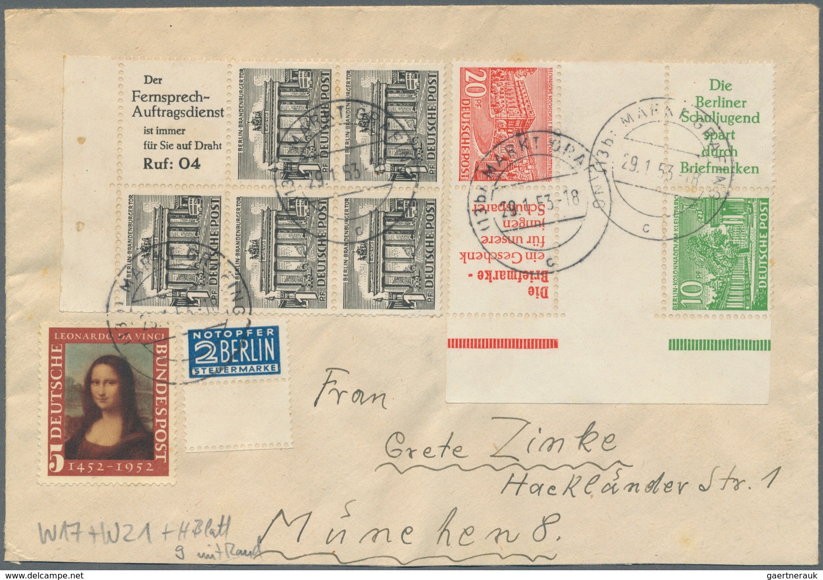 32538 Berlin - Zusammendrucke: 1949/55, Album mit 49 Belegen mit Zusammendrucken Bauten. Dekorative Belege