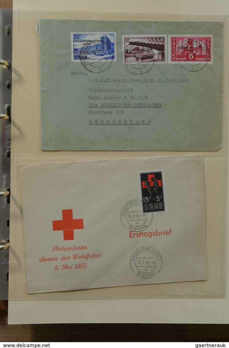 32592 Saarland und OPD Saarbrücken: 1947-1959 Album with 54 covers, FDC's and cards of Saar 1947-1959, inc