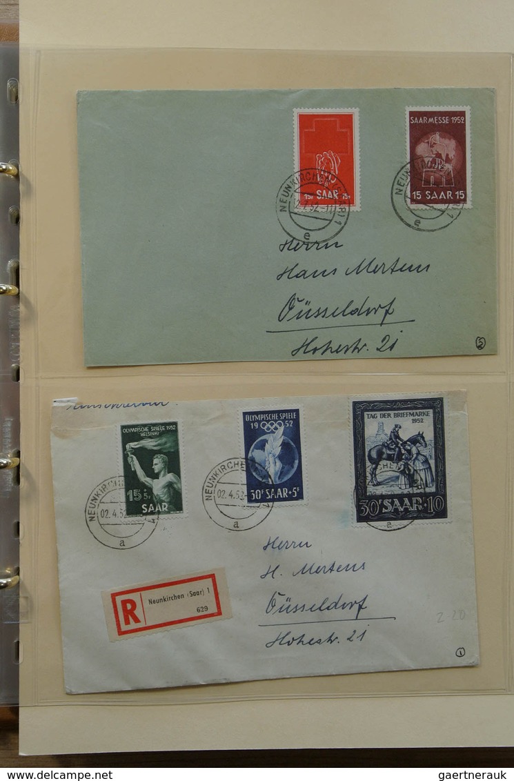 32592 Saarland und OPD Saarbrücken: 1947-1959 Album with 54 covers, FDC's and cards of Saar 1947-1959, inc