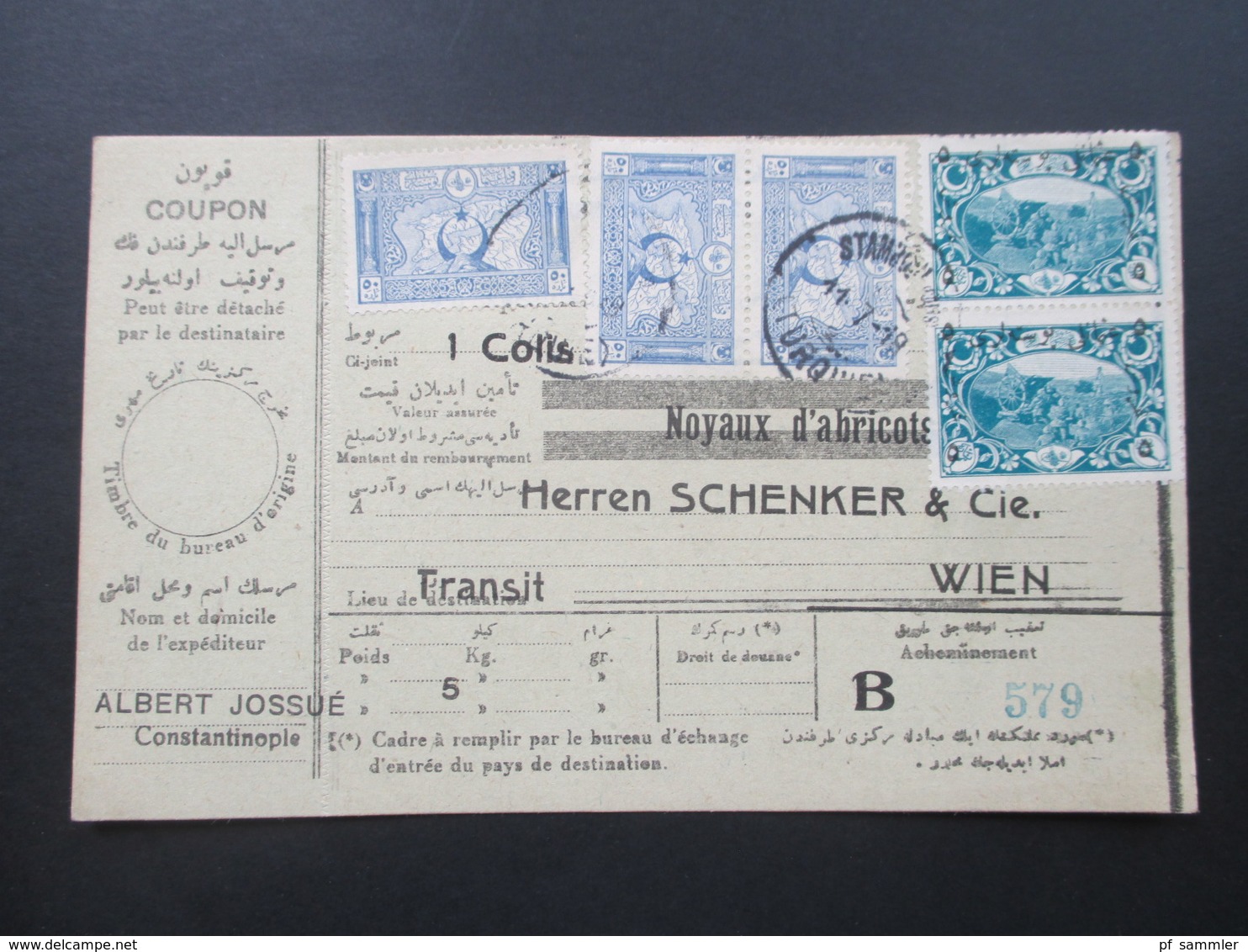 Türkei 1919 Paketkarte Schöne Frankatur! Noyaux D'abricots Schenker & Cie In Wien. Transit. Albert Jossue Constantinople - Lettres & Documents