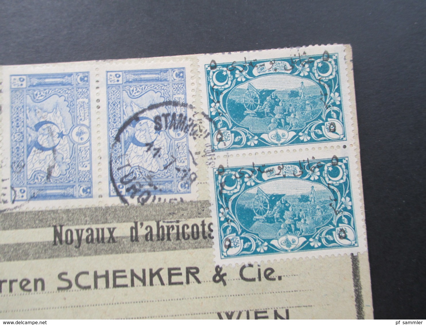 Türkei 1919 Paketkarte Schöne Frankatur! Noyaux D'abricots Schenker & Cie In Wien. Transit. Albert Jossue Constantinople - Lettres & Documents