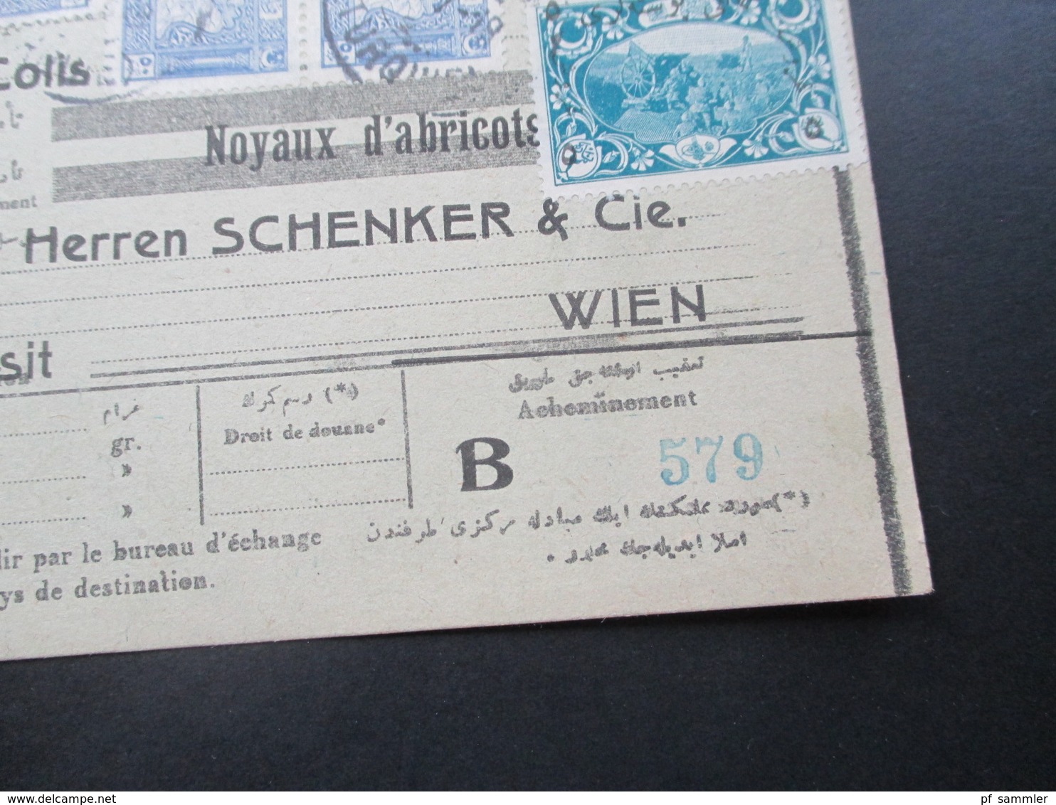 Türkei 1919 Paketkarte Schöne Frankatur! Noyaux D'abricots Schenker & Cie In Wien. Transit. Albert Jossue Constantinople - Cartas & Documentos