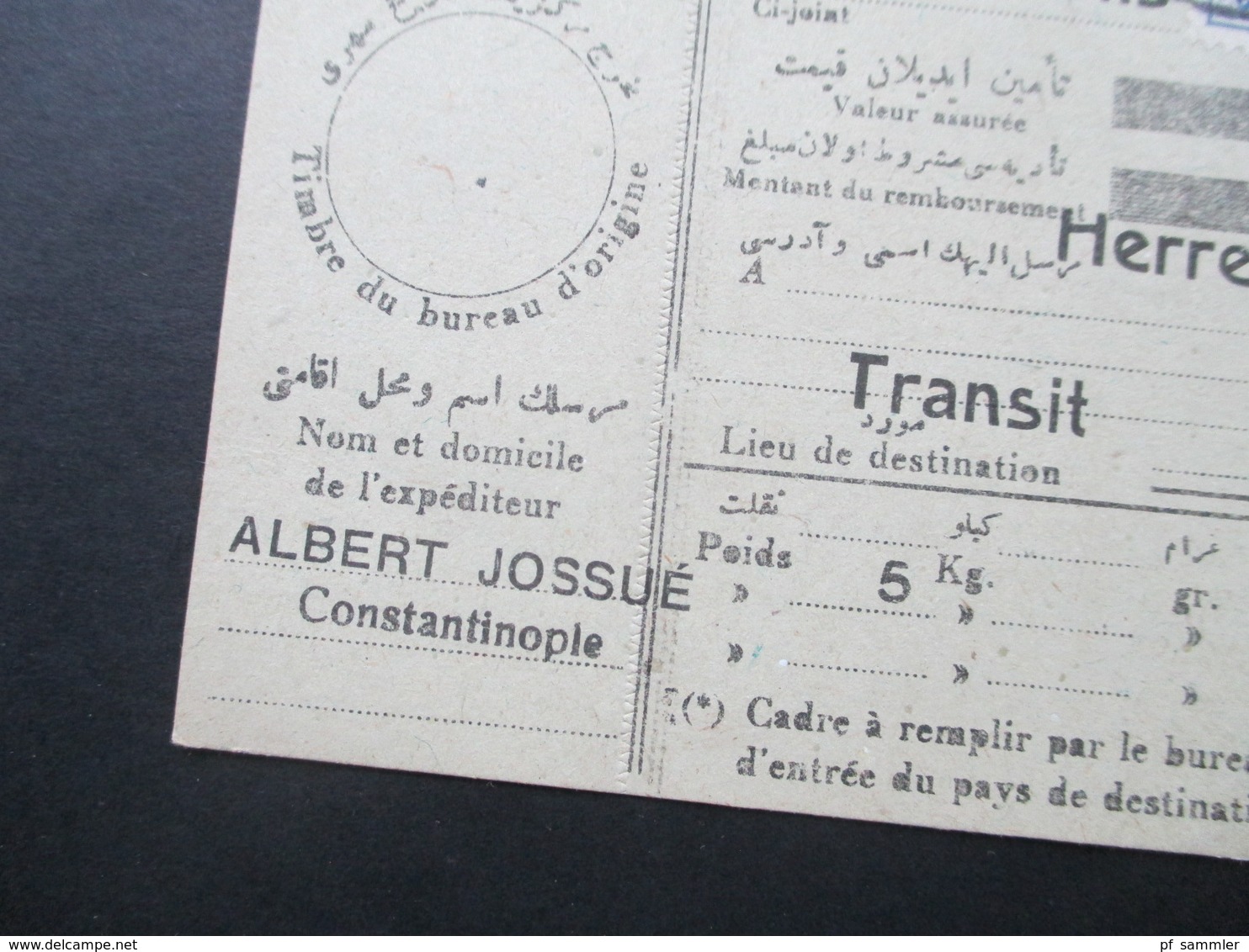 Türkei 1919 Paketkarte Schöne Frankatur! Noyaux D'abricots Schenker & Cie In Wien. Transit. Albert Jossue Constantinople - Cartas & Documentos