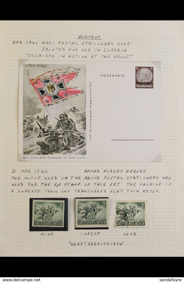MOTORCYCLES  GERMANY 1907-1945 Interesting Collection Of Stamps, Covers & Postcards Written Up In An Album, Includes 190 - Zonder Classificatie