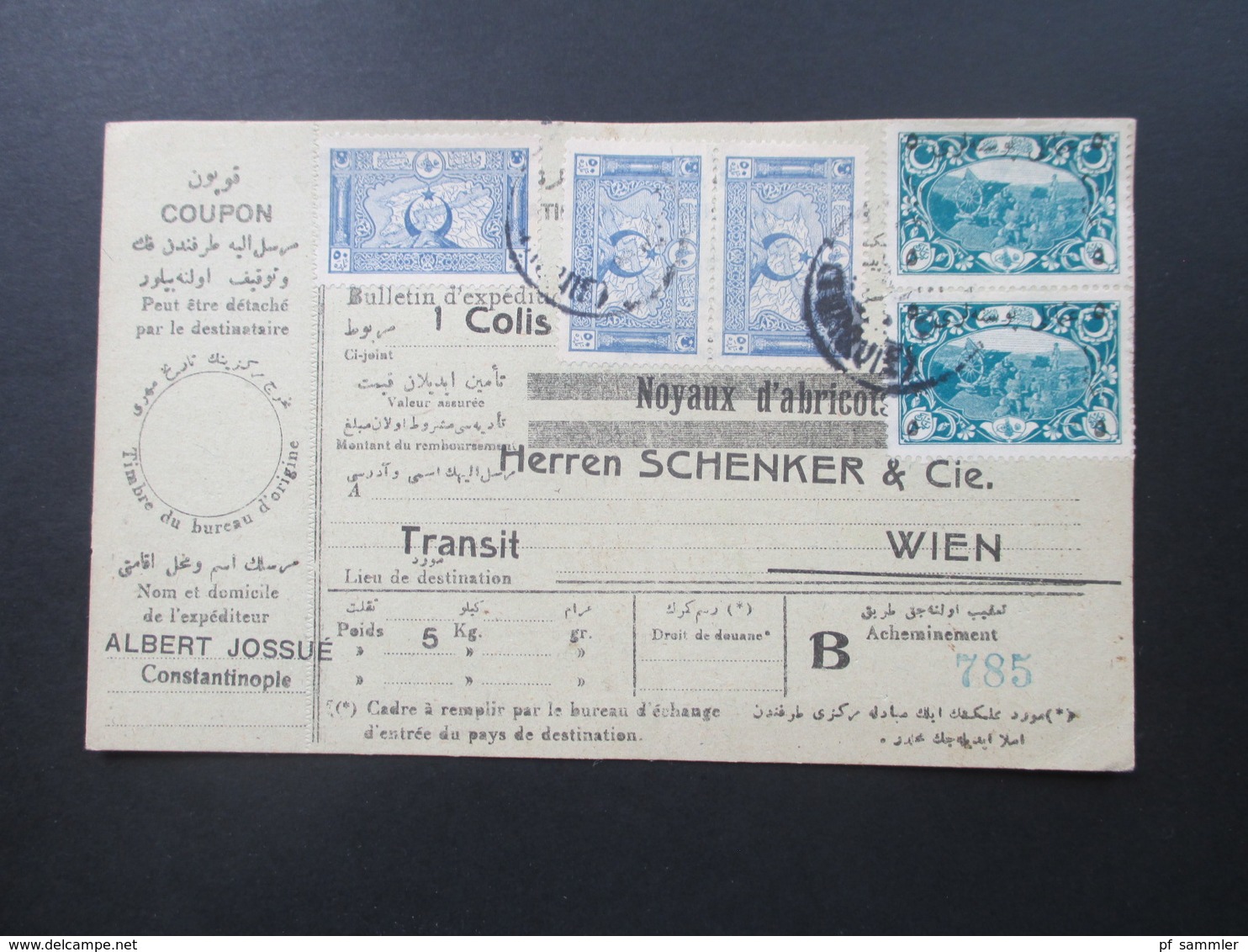 Türkei 1919 Paketkarte Schöne Frankatur! Noyaux D'abricots Schenker & Cie In Wien. Transit. Albert Jossue Constantinople - Briefe U. Dokumente