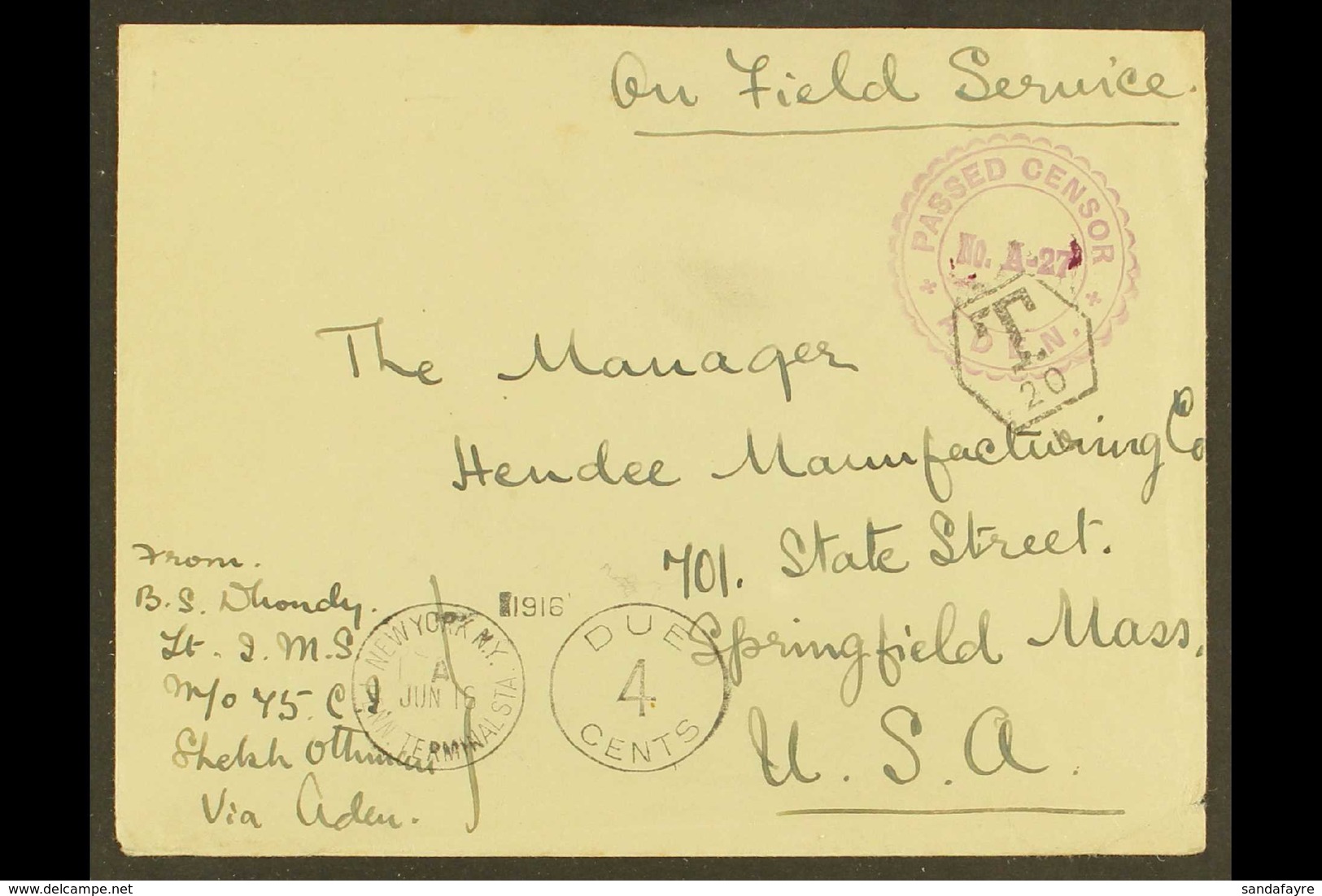 1916 CENSOR COVER  A Delightful Stampless Envelope To The Hendee Manufacturing Company (Later Became The Indian Motorcyc - Aden (1854-1963)