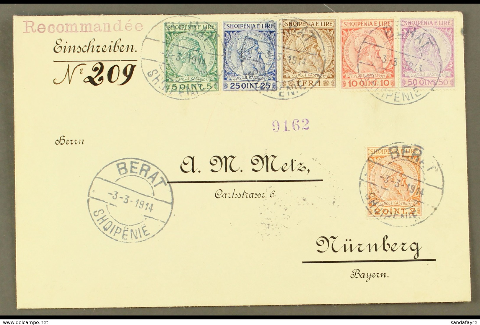 1914  (3 March) Registered Cover Addressed To Bavaria, Bearing 1913 Skanderbeg Set (Michel 29/34, SG 27/32) Tied By "Ber - Albanie