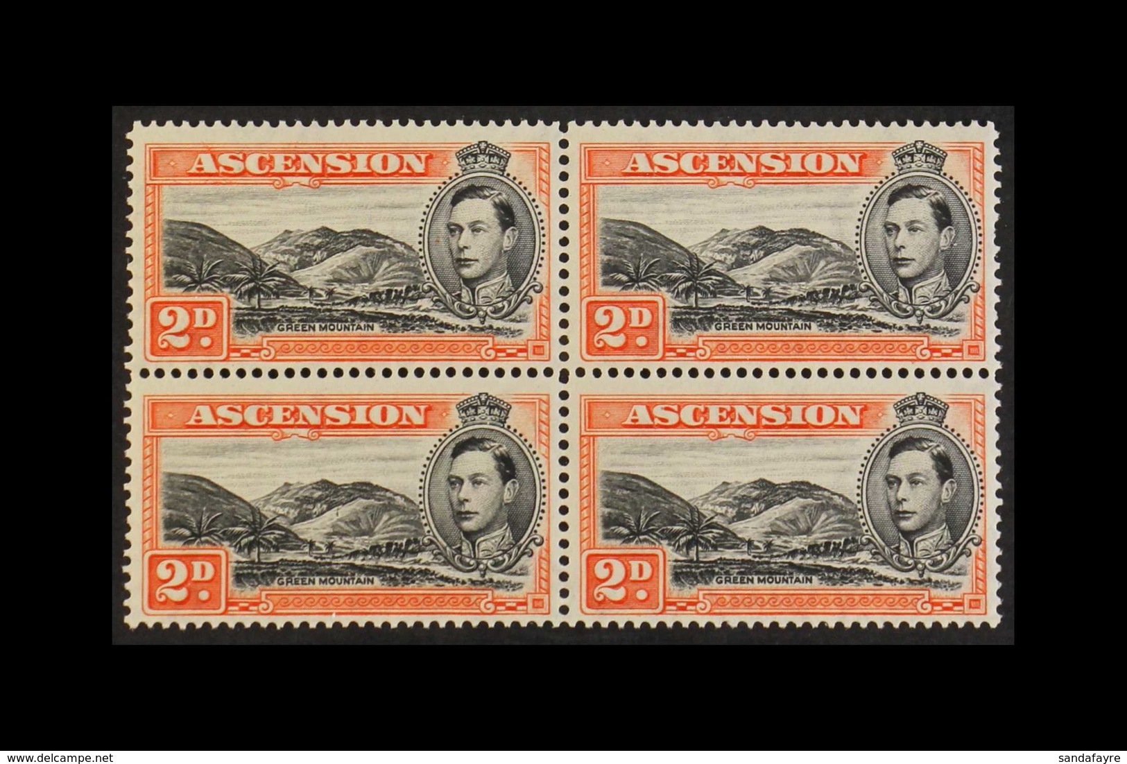 1944  2d Black And Red- Orange Perf 13 With MOUNTAINEER FLAW Within Block Of Four, The Variety On The Lower- Left Stamp, - Ascension (Ile De L')