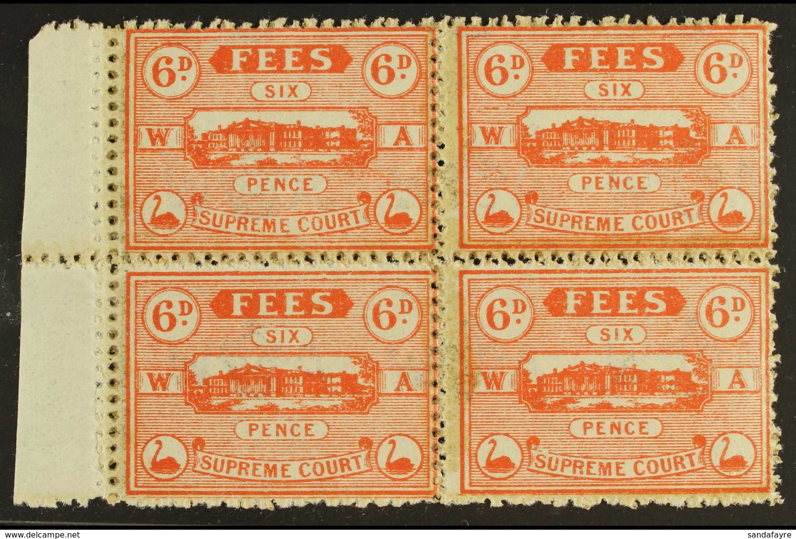 WESTERN AUSTRALIA  REVENUE STAMPS - SUPREME COURT FEES 1907 6d Red (Barefoot 33) With Horizontal And Vertical Double Per - Andere & Zonder Classificatie