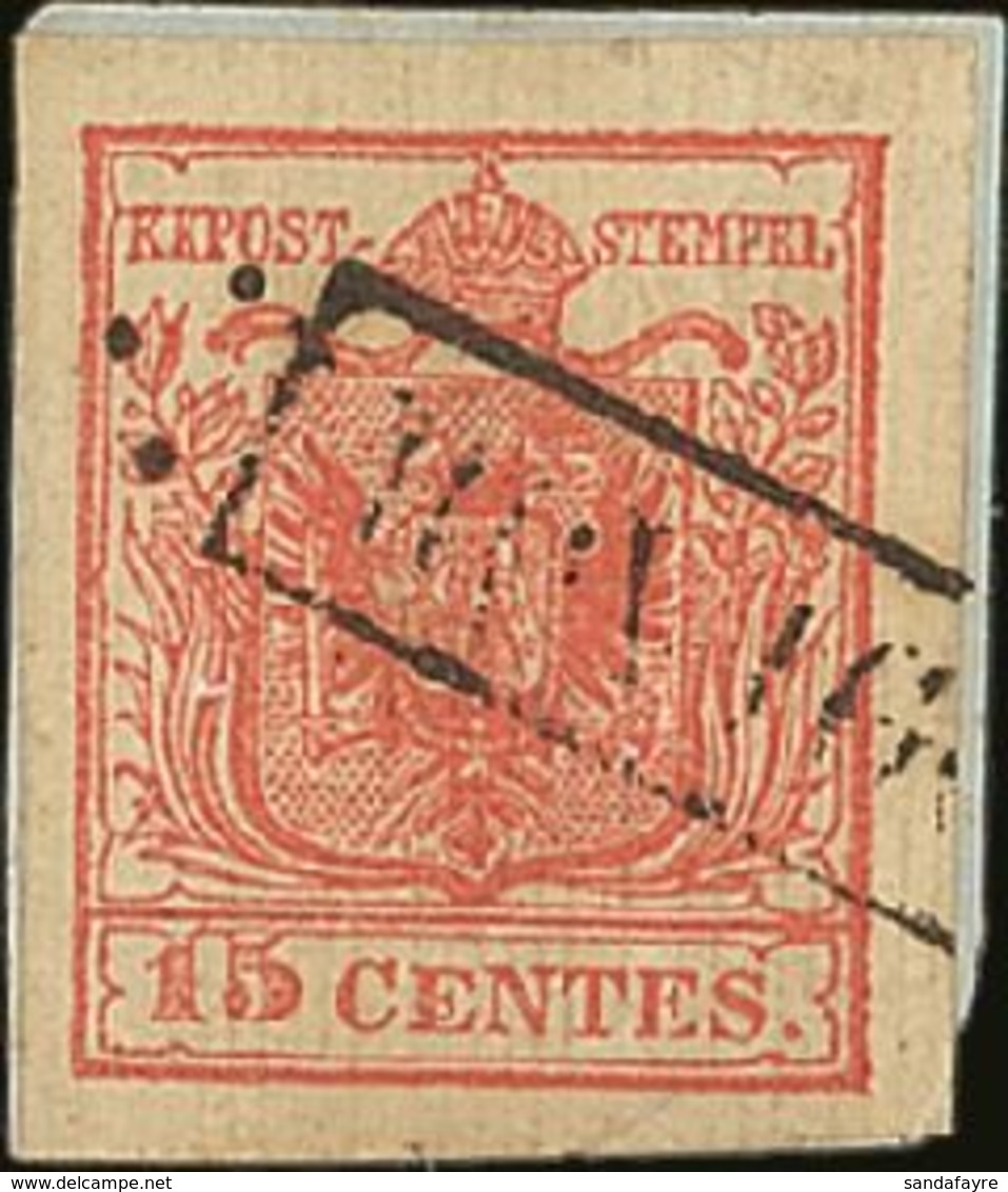 LOMBARDY-VENETIA  1851 15c Vermilion, Type II On Vertically Ribbed Paper, Sass 15a, (Mi 3XRII), Superb Used On Small Fra - Other & Unclassified