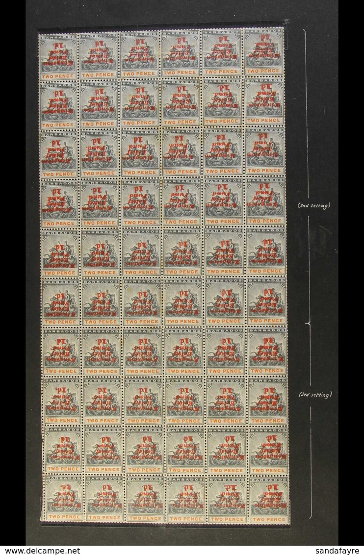 1907  KINGSTON RELIEF FUND, COMPLETE PANE OF SIXTY - With Second & Third Settings In Combination, Ovpt Inverted, Stops A - Barbados (...-1966)