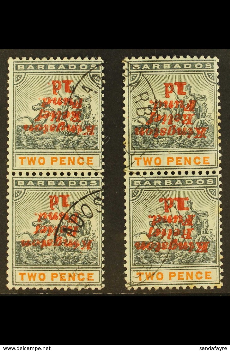 1907  KINGSTON RELIEF FUND, 1d On 2d, Ovpt Inverted, No Stop After "1d" Ex Positions 6 & 8, Varieties In vertical Pairs  - Barbades (...-1966)