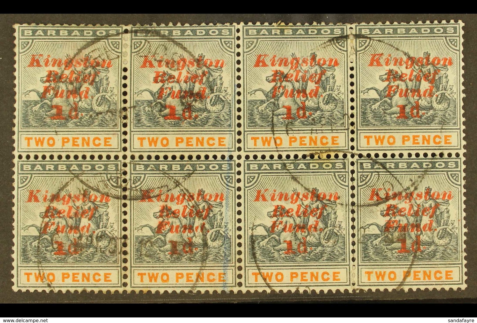 1907 KINGSTON RELIEF FUND  1d On 2d Upright Surcharge, SG 153, Fine Used Block Of Eight (4 X 2) For More Images, Please  - Barbades (...-1966)