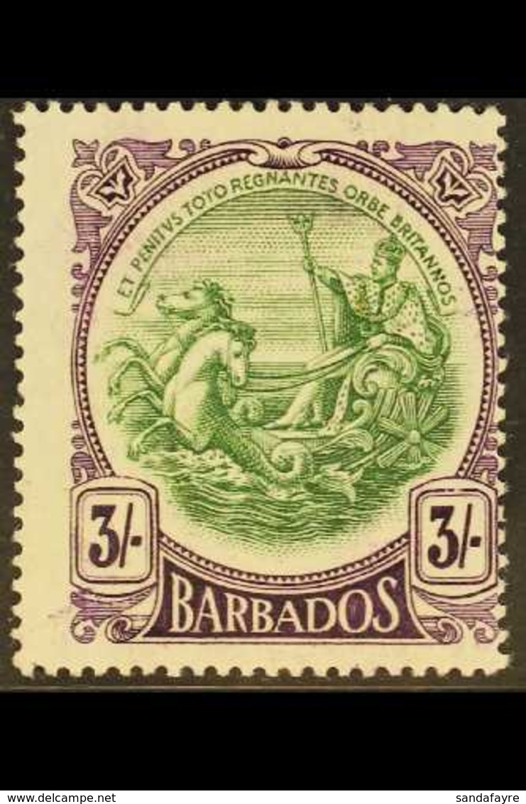 1918-20  3s Green And Bright Violet, SG 200a, Fine Mint, Centred To Right, A Scarce Shade. For More Images, Please Visit - Barbades (...-1966)