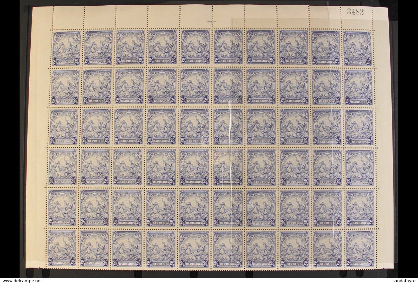 1938-47  2½d Ultramarine (SG 251) - A Never Hinged Mint COMPLETE SHEET With Full Margins, Includes Three "Mark On Centra - Barbades (...-1966)