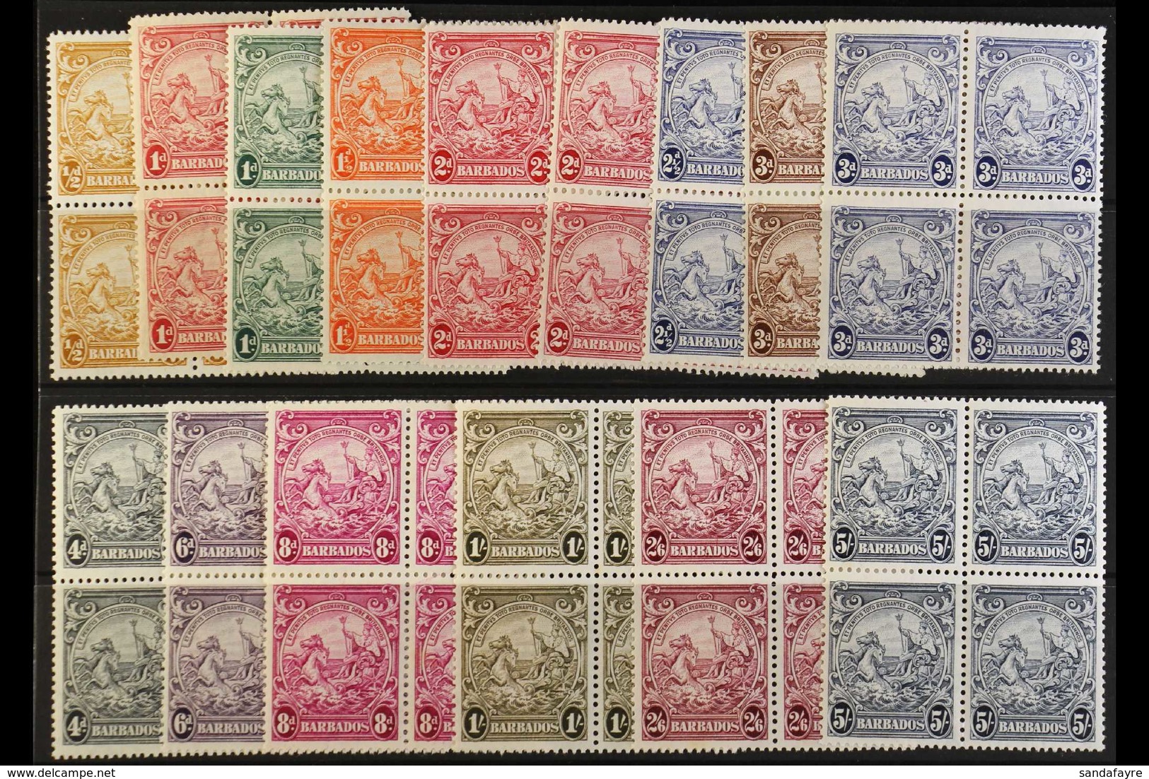 1938-47 DEFINITIVE NHM BLOCKS OF 4.  An All Different Definitives Range Presented On A Stock Card, SG 248c/56a, (set Les - Barbades (...-1966)
