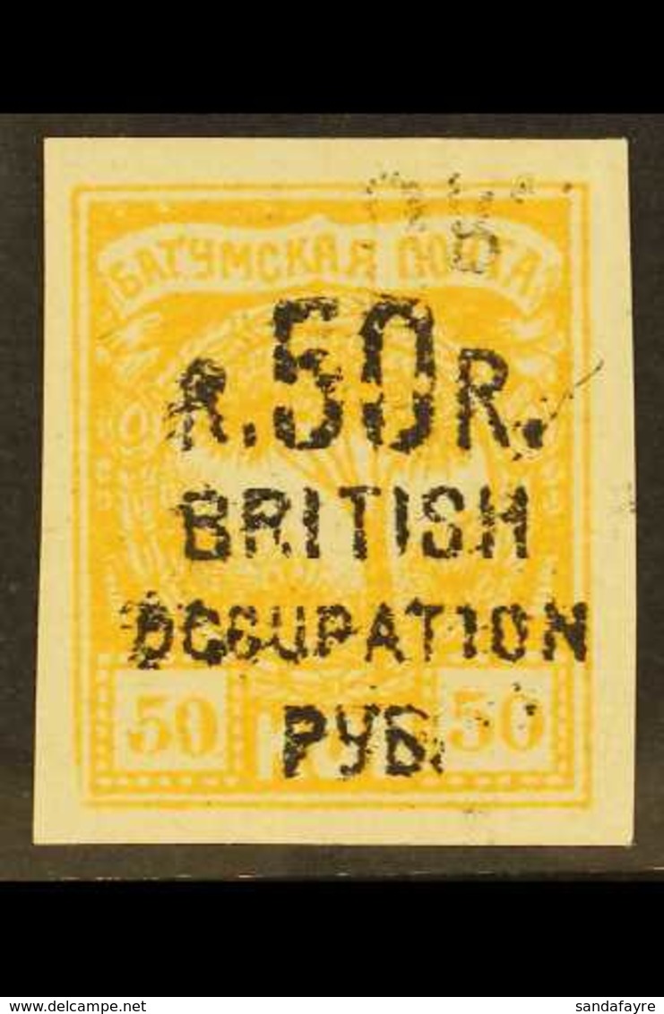1920  (Apr) 50r On 50k Yellow With "50" Cut, Additionally Displays A Weak Inverted & Reversed Surcharge Offset Impressio - Batum (1919-1920)