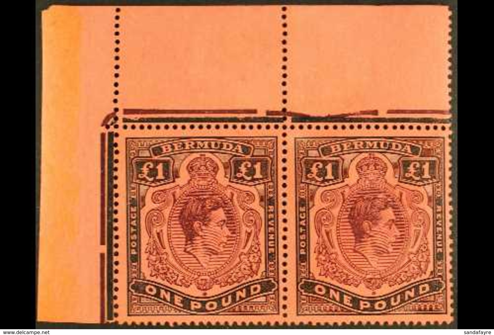1943  £1 Deep Reddish Purple And Black With "ER" JOINED Variety In Upper Left Corner PAIR WITH NORMAL, SG 121b+121ba, Ne - Bermuda
