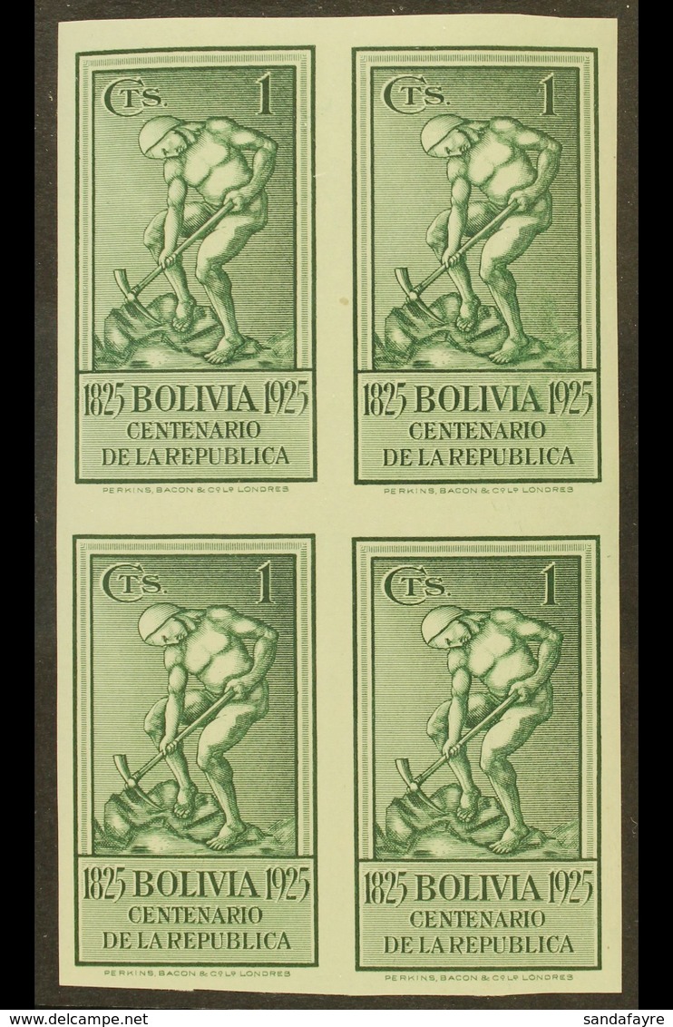 1925  1c Dark Green, Centenary Of The Republic, IMPERFORATE BLOCK OF 4, Scott 150, Never Hinged Mint. For More Images, P - Bolivië