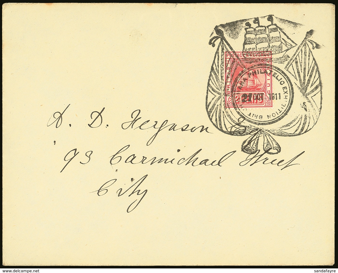 1911  (Oct) Neat Locally Used Envelope Bearing 2c Red, Tied By Large Fancy Flags Cancel "British Guiana Philatelic Exhib - Brits-Guiana (...-1966)