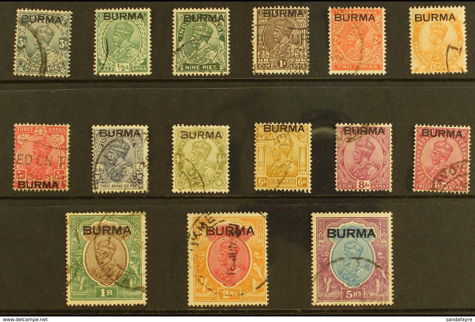 1937  India KGV Overprinted Set To 5R, SG 1/15, Fine Used. (15 Stamps) For More Images, Please Visit Http://www.sandafay - Birma (...-1947)