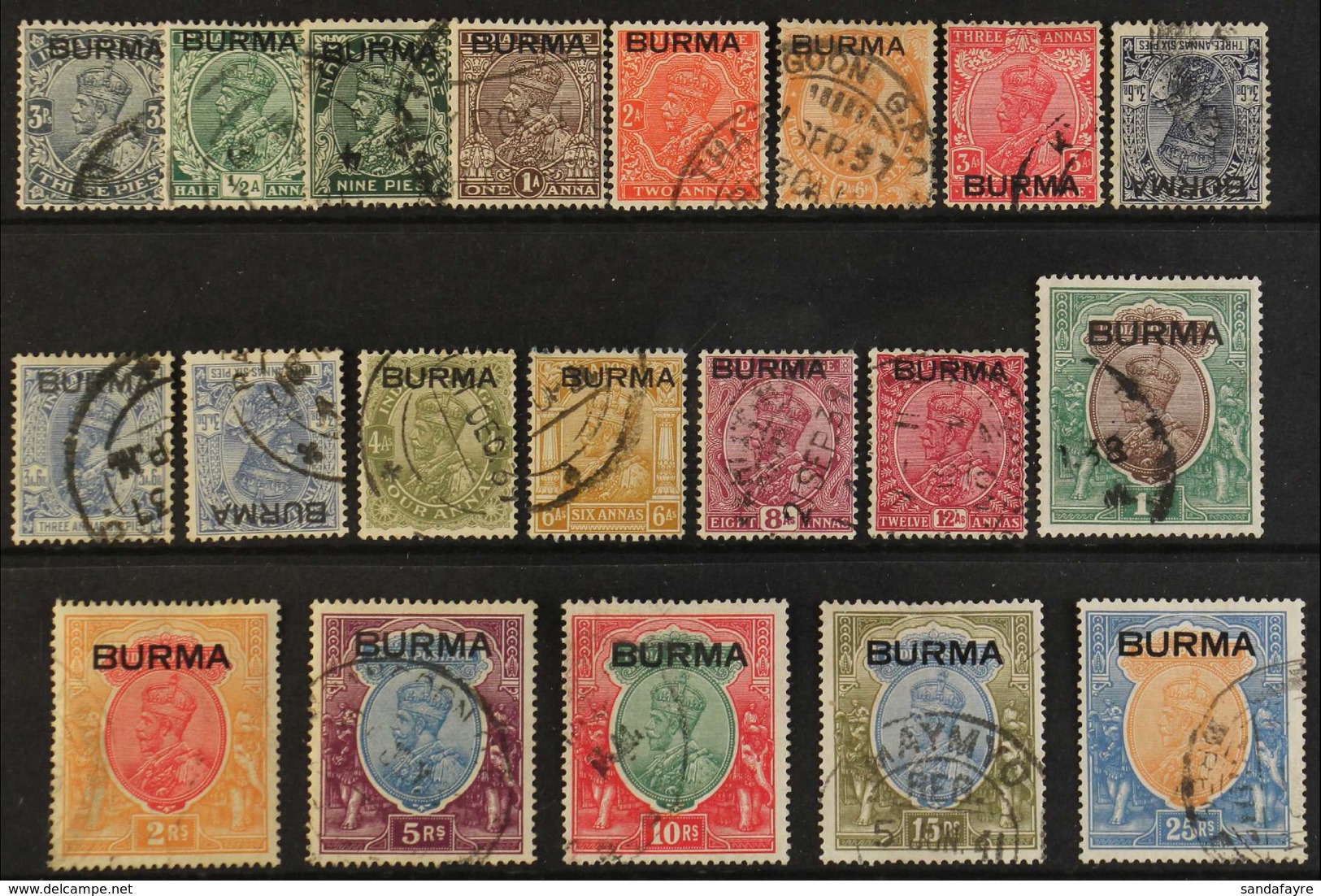 1937  KGV India Definitives Set Overprinted "BURMA" With Additional 3a6p Dull Blue, Both Wmk Upright & Inverted, SG 1/18 - Birma (...-1947)