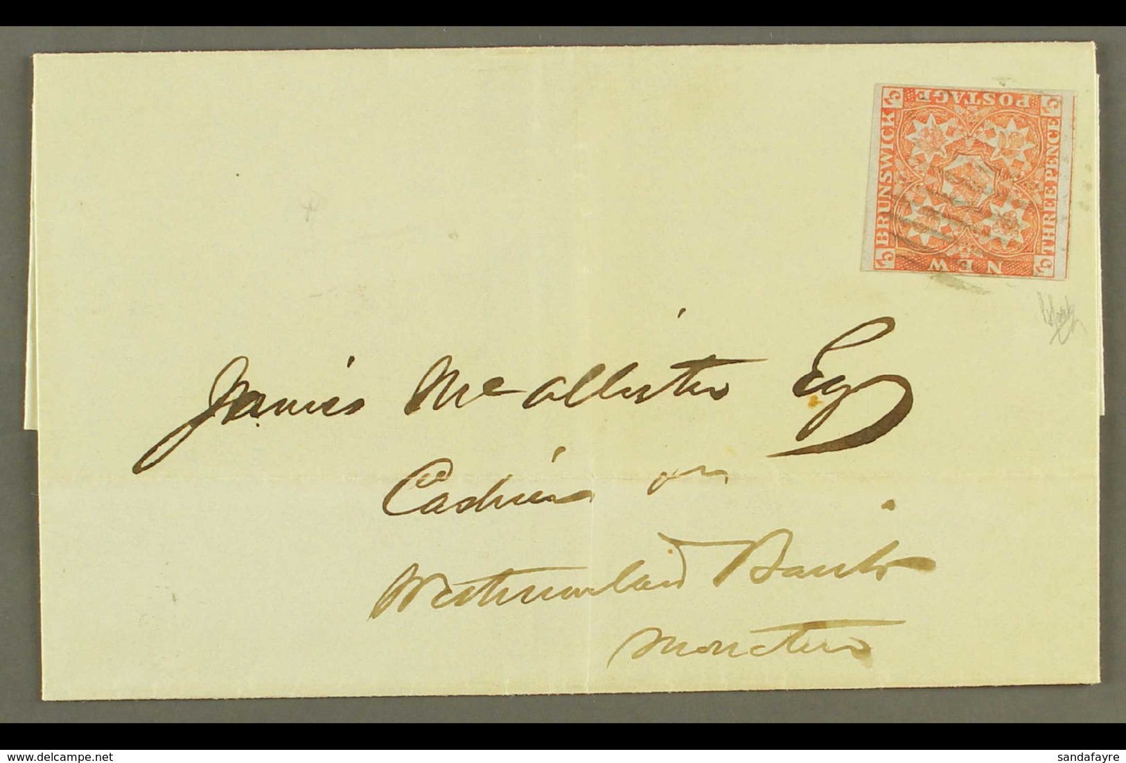 1851  3d Dull Red (SG 2) SUPERB Example With 4 Good To Huge Neat Margins Tied To Very Fine Letter Sheet By Oval Of Bars  - Andere & Zonder Classificatie