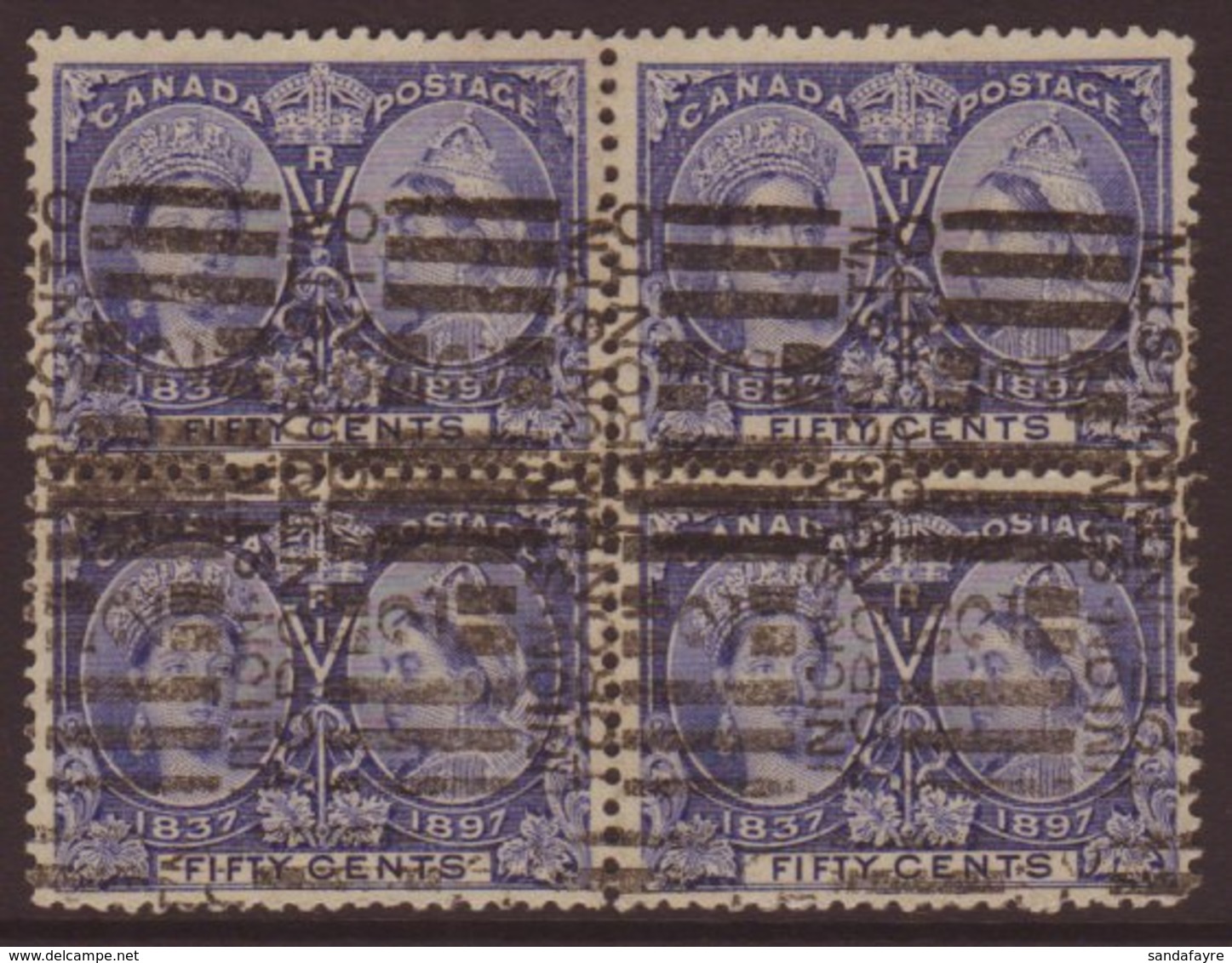 1897  50c Bright Ultramarine, Jubilee, SG 135, Used Block Of 4 With Light Roller Cancels. Scarce Item (1 Block Of 4) For - Andere & Zonder Classificatie