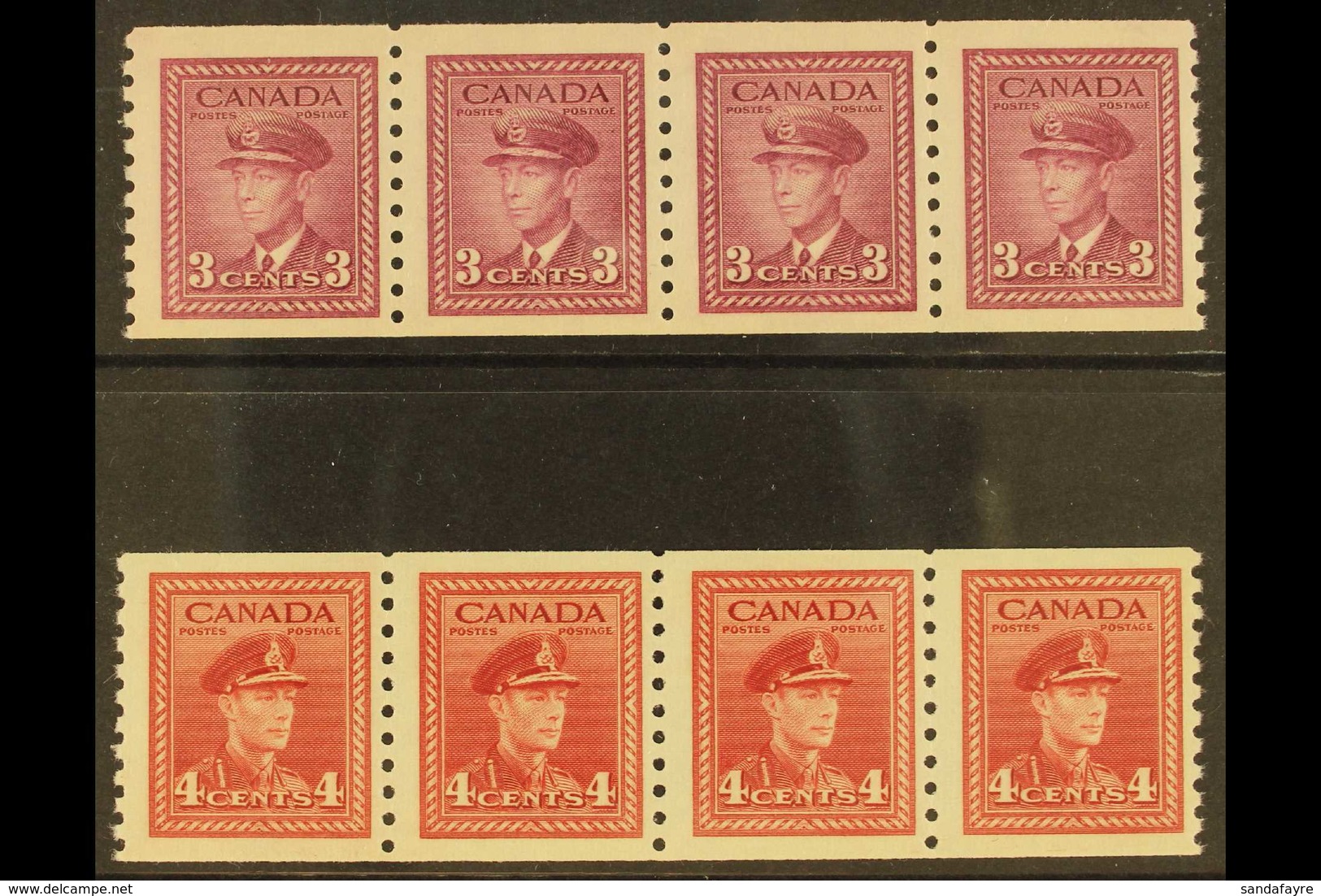 1948  3c Rose Violet And 4c Dark Carmine War Effort Coil "Jump" Strips Of 4, Imperf X Perf 9½, Uni 280i/281i, Very Fine  - Andere & Zonder Classificatie