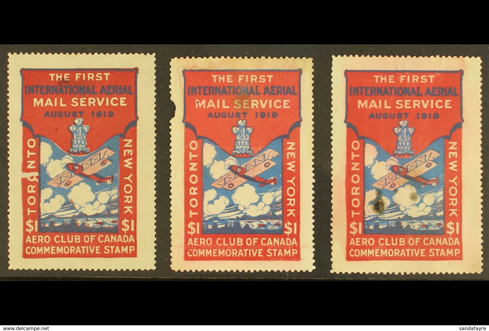 AIR POST SEMI-OFFICIAL  1919 Aero Club Of Canada $1 Red & Blue Toronto-New York, Unitrade CLP 3, Three Examples With Sma - Altri & Non Classificati