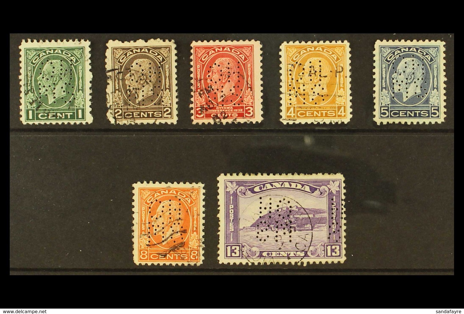 OFFICIALS  1932-33 "Medallions" Complete Set Punctured With Type O1 "OHMS" Perfins, SG O65/O71, Good To Fine Used. (7 St - Andere & Zonder Classificatie