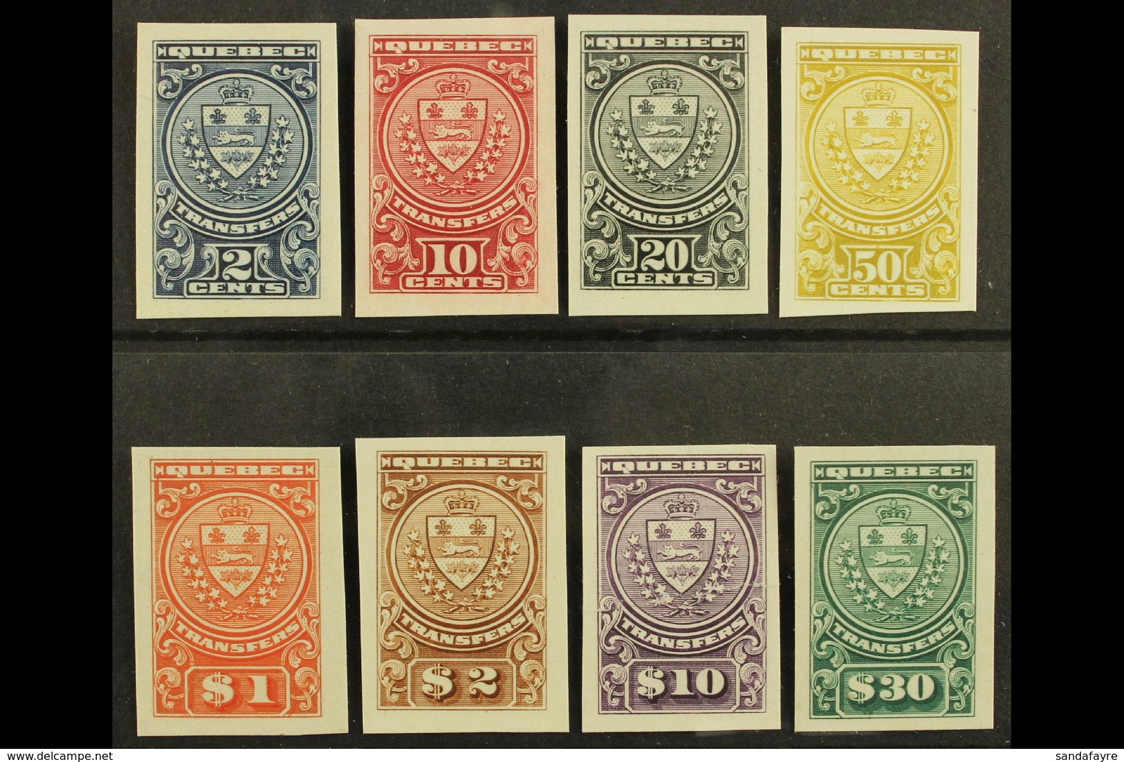 REVENUE STAMPS  QUEBEC 1907 Stock Transfer Complete Set (as Barefoot 1/8) IMPERF PROOFS On Card, Van Dam QST 1-8P. The $ - Andere & Zonder Classificatie