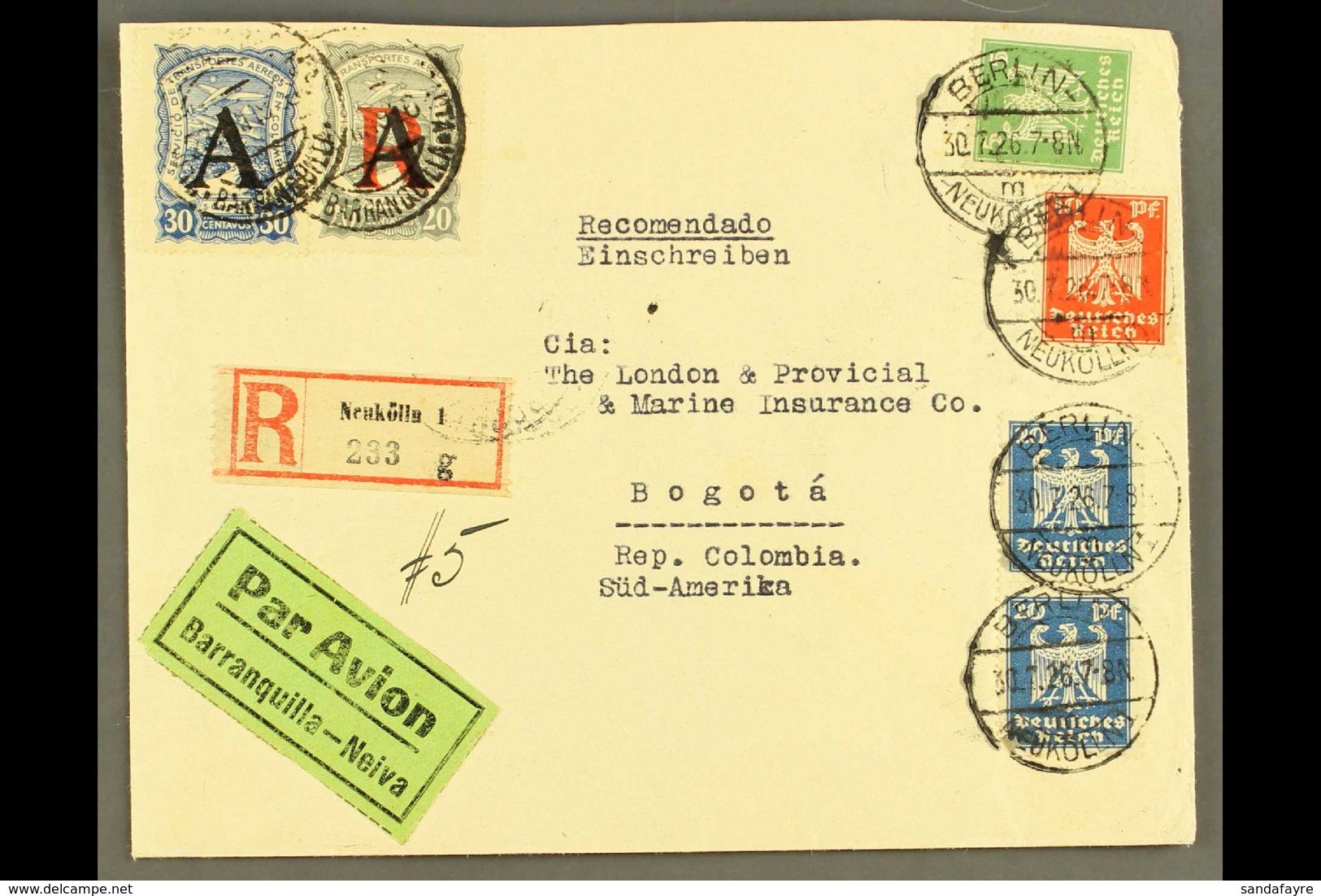 SCADTA  1926 (30 July) Registered Cover From Germany Addressed To Bogota, Bearing Germany 5pf, 10pf & 20pf Pair Tied By  - Colombia
