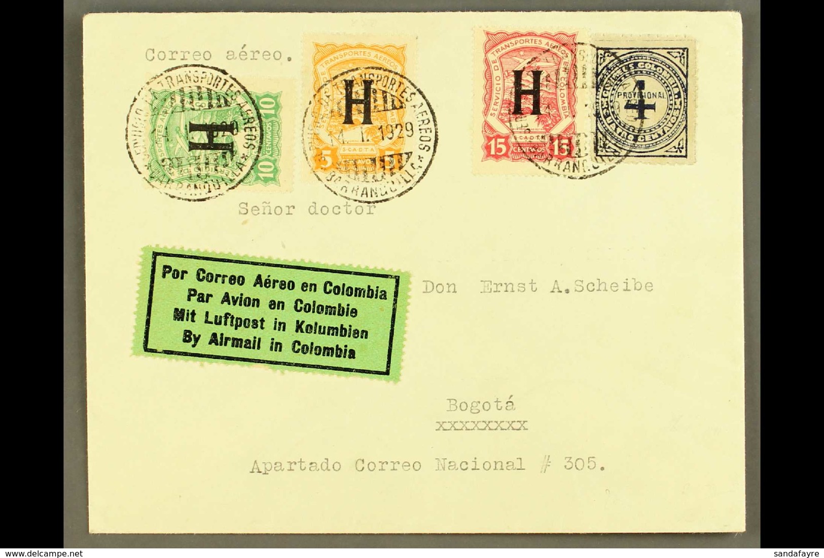 SCADTA  1929 (14 Jan) Cover From Netherlands Addressed To Bogota, Bearing Colombia 4c And SCADTA 1923 5c, 10c & 15c All  - Colombia