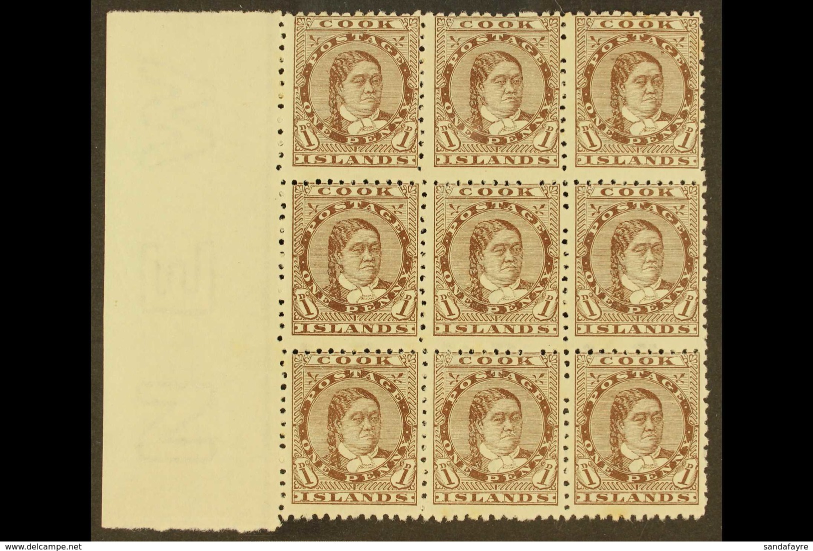1893-1900  1d Brown Queen, SG 5, A Superb Left Marginal Block Of Nine, Fine Mint With Eight Being Never Hinged, Very Min - Cook Islands