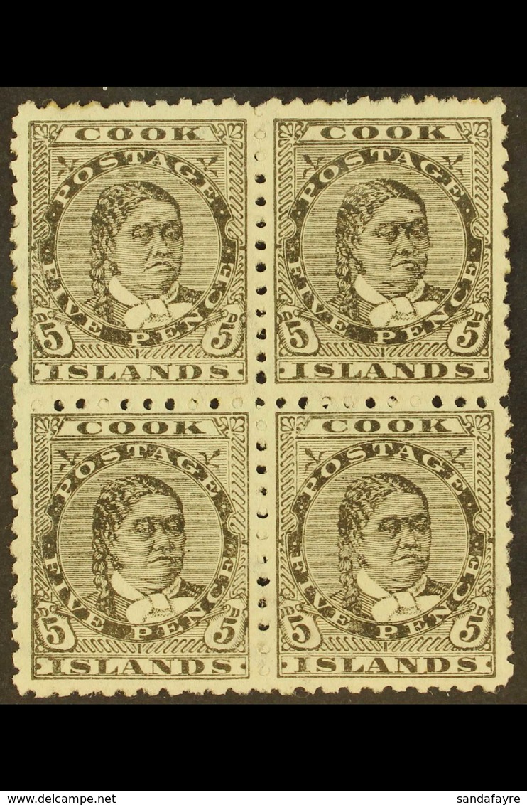 1902  5d Olive-black Queen, SG 33, Fine Mint Block Of Four With Lower Pair Being Never Hinged. For More Images, Please V - Cookeilanden