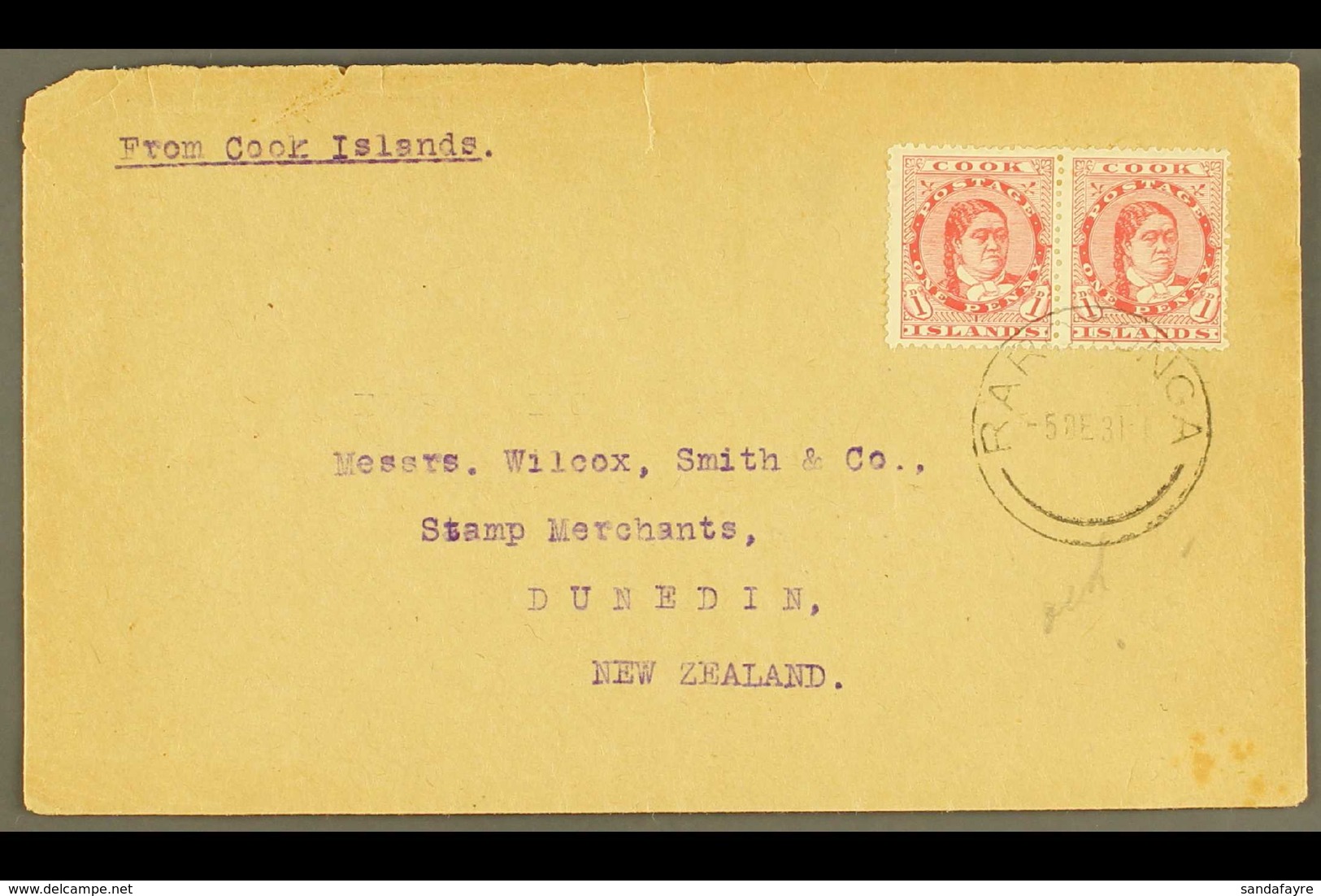 1931  (Dec) Envelope To New Zealand, Bearing 1d Rose-red Queen Pair Tied B Rarotonga Cds (Burge A7), Peripheral Faults.  - Islas Cook