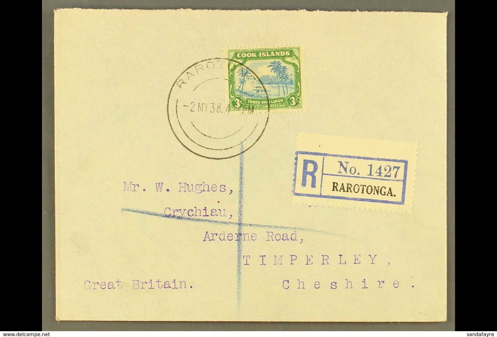1938  (2nd May) Neat Envelope Registered To England, Bearing 3s Greenish Blue And Green, SG 129, Tied Rarotonga First Da - Cookeilanden