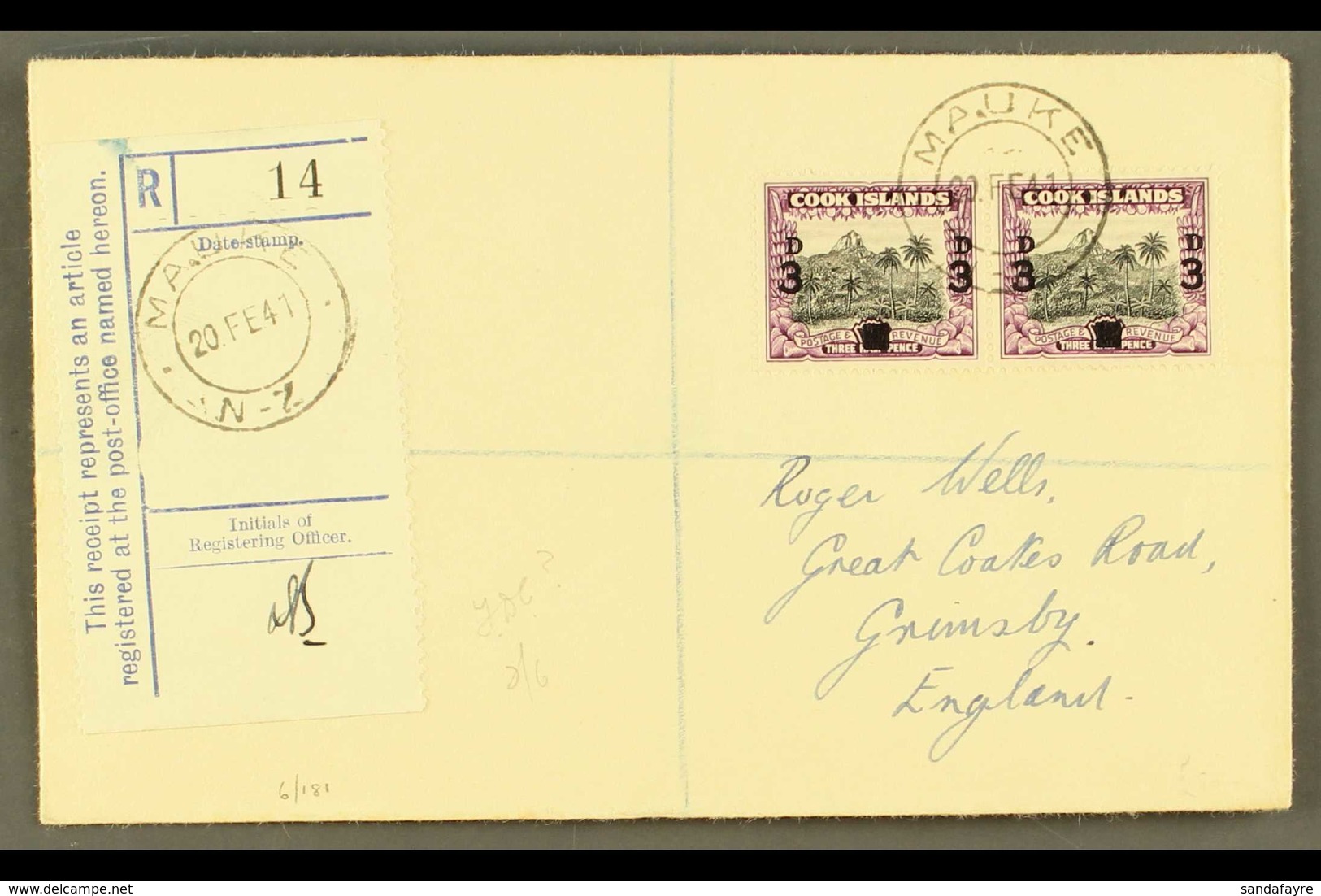 1940  3d On 1½d Black And Purple, SG 130, Horizontal Pair On Neat 1941 "Wells" Envelope Registered MAUKE To England. For - Islas Cook