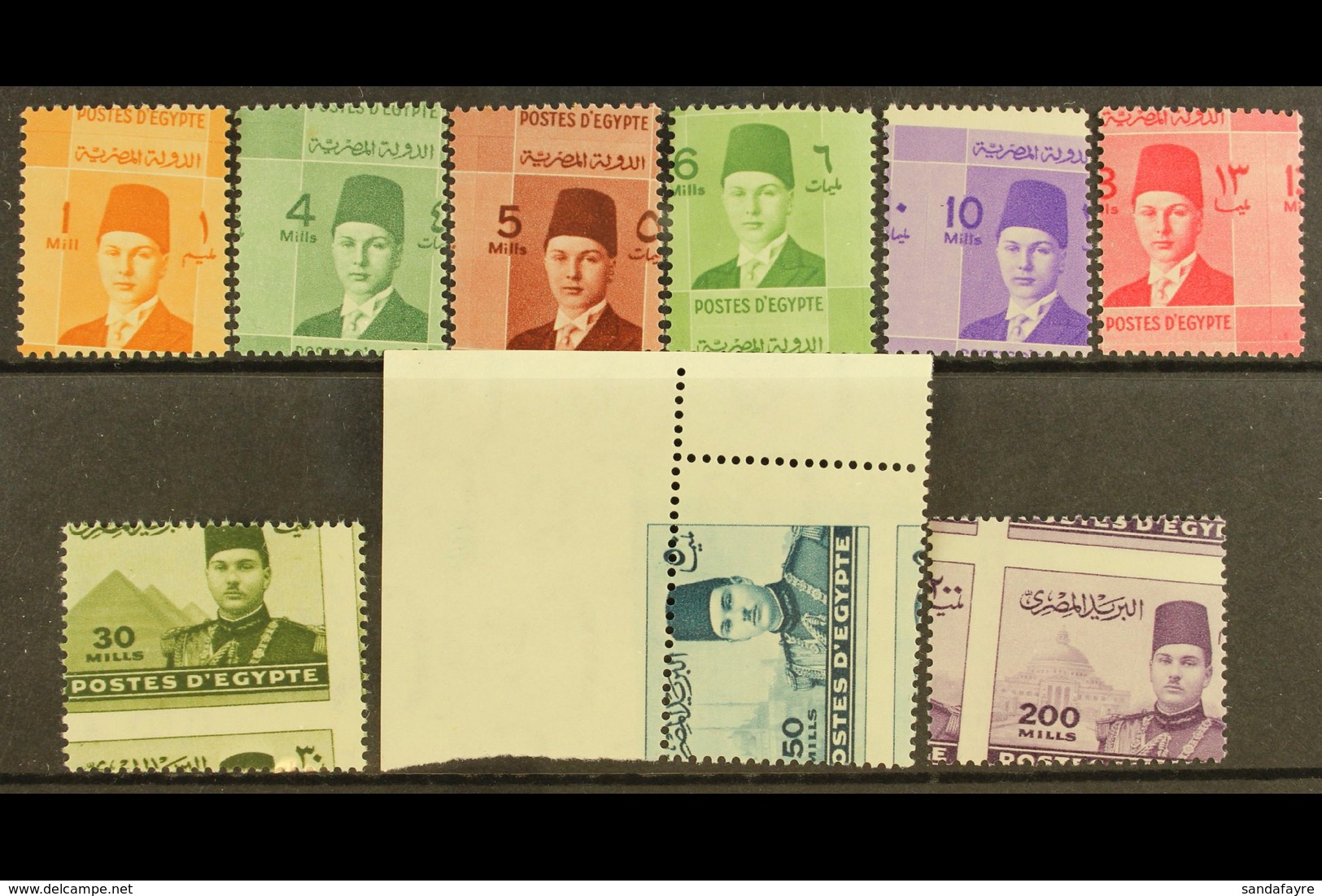 1937-46 OBLIQUE PERFORATIONS  Young King Farouk 1m, 4m. 5m, 6m,, 10m, 13m, 30m Olive, 50m (corner Marginal) And 200m, Mi - Otros & Sin Clasificación