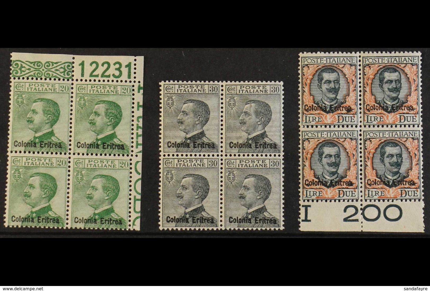 1925  20c To 2L Ovptd "Colonia Eritrea", Sass S20, In Never Hinged Mint Blocks Of 4. Cat 2200 Euro. (£1800+), 20c Is Cor - Eritrea