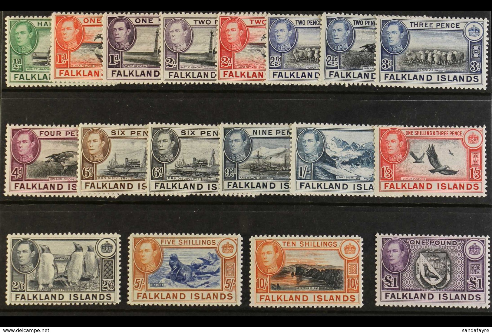 1938-50  KGVI Definitives Complete Set, SG 146/63, Never Hinged Mint. Fresh And Attractive! (18 Stamps) For More Images, - Falklandeilanden
