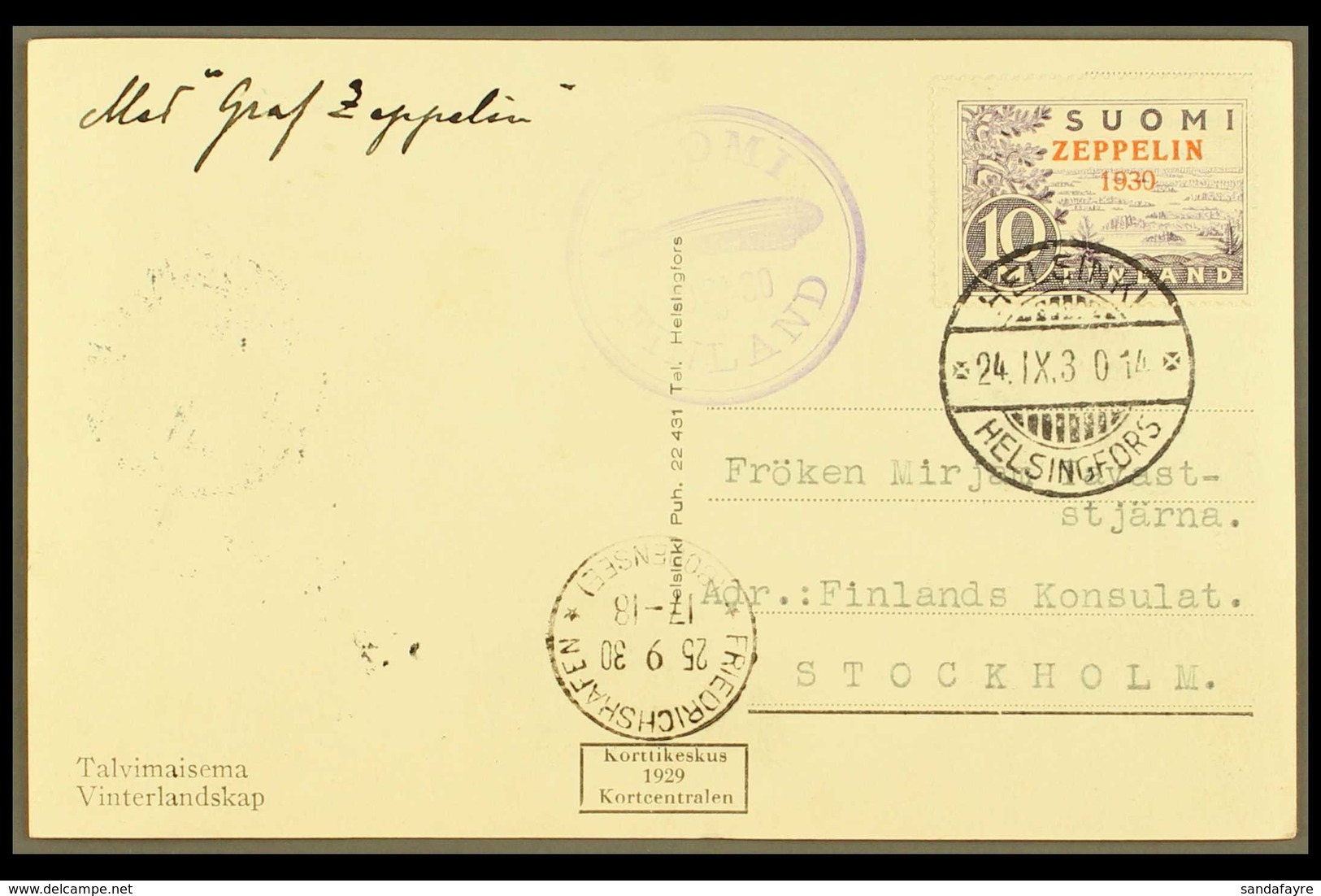 1930  10m Violet Zeppelin Air Mail On Ppc From Helsinki To Stockholm With Friedrichshafen Arrival And Violet "Finland Fl - Andere & Zonder Classificatie